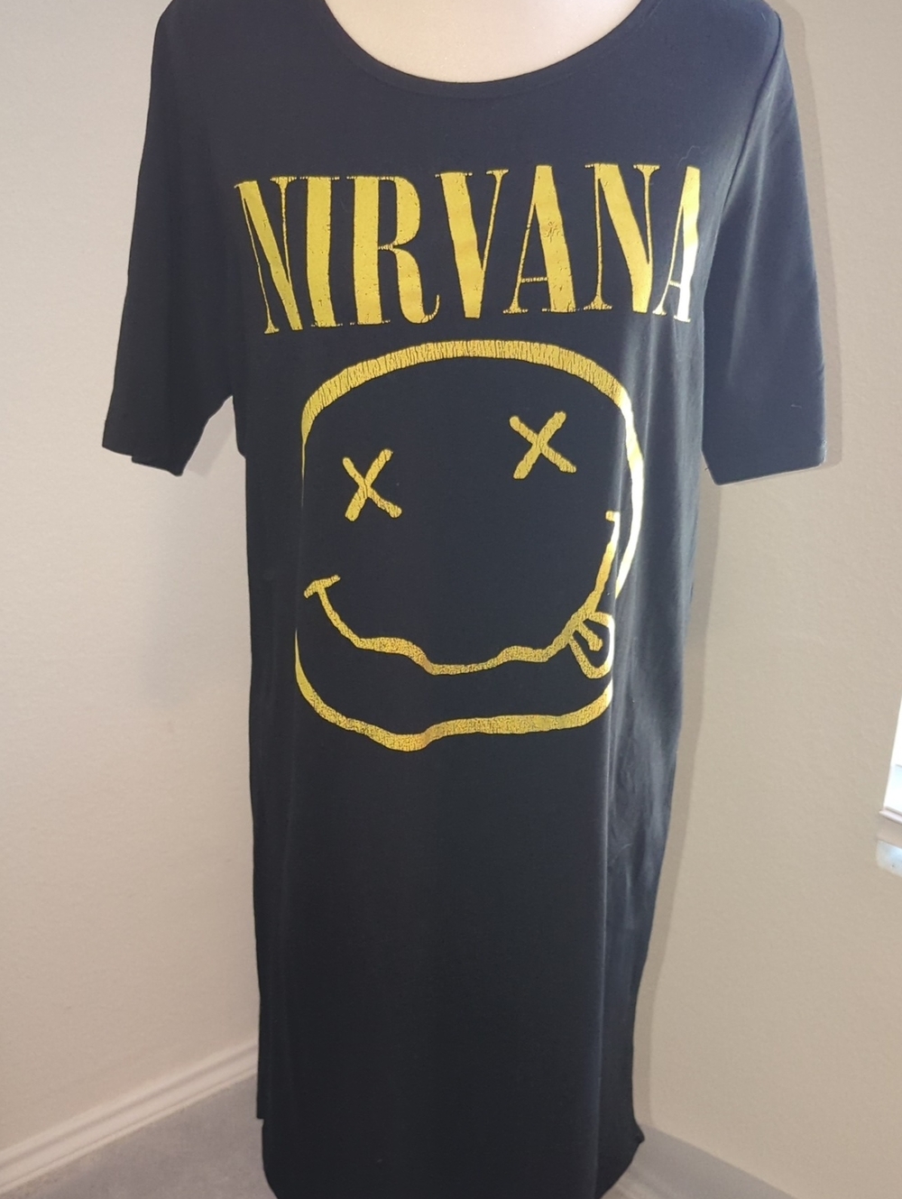 NIRVANA Black T-Shirt Dress with Yellow Smile Graphic